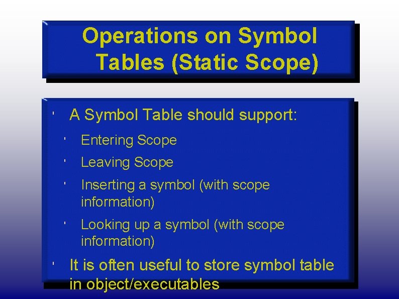Operations on Symbol Tables (Static Scope) A Symbol Table should support: ' ' '
