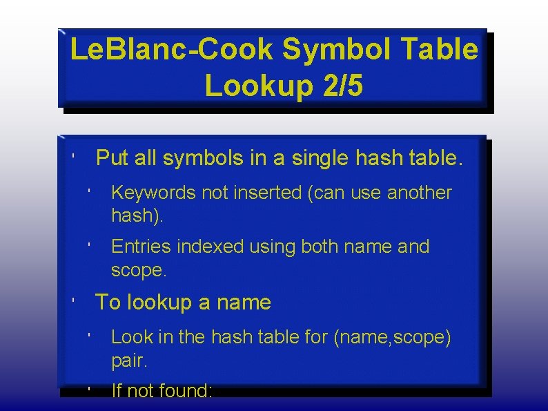 Le. Blanc-Cook Symbol Table Lookup 2/5 Put all symbols in a single hash table.