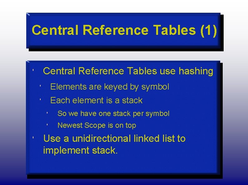 Central Reference Tables (1) Central Reference Tables use hashing ' ' ' Elements are