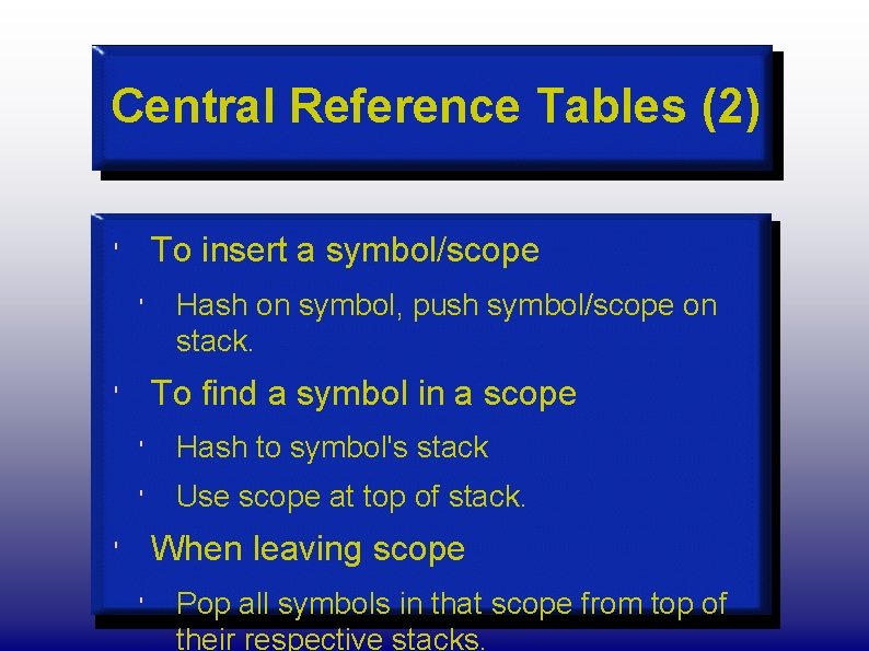 Central Reference Tables (2) To insert a symbol/scope ' ' Hash on symbol, push