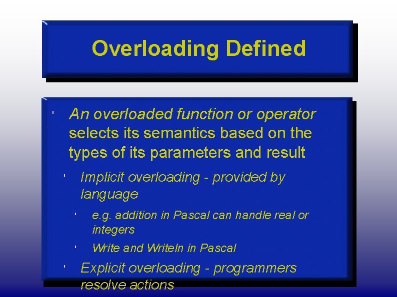 Overloading Defined An overloaded function or operator selects its semantics based on the types