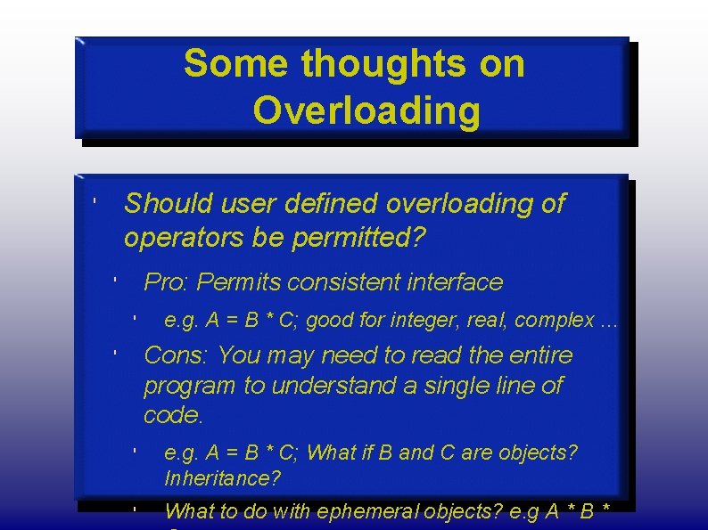 Some thoughts on Overloading Should user defined overloading of operators be permitted? ' Pro: