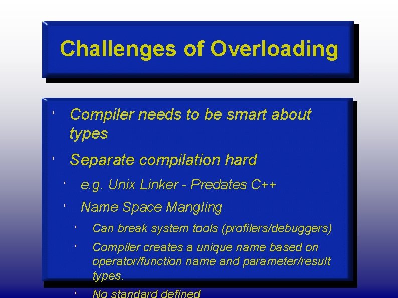 Challenges of Overloading ' Compiler needs to be smart about types ' Separate compilation
