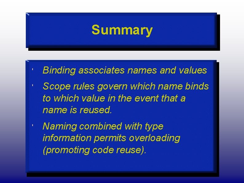 Summary ' Binding associates names and values ' Scope rules govern which name binds
