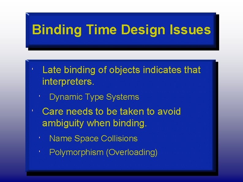 Binding Time Design Issues Late binding of objects indicates that interpreters. ' ' Dynamic