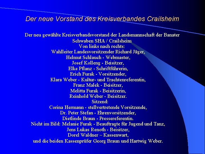 Der neue Vorstand des Kreisverbandes Crailsheim Der neu gewählte Kreisverbandsvorstand der Landsmannschaft der Banater
