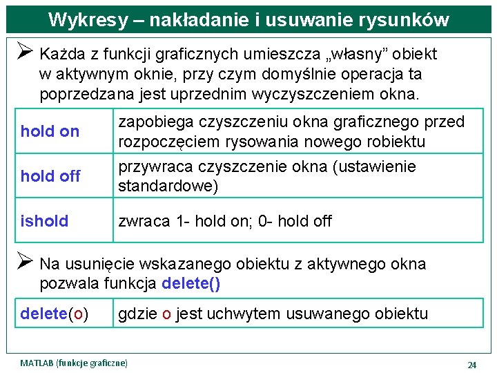 Wykresy – nakładanie i usuwanie rysunków Ø Każda z funkcji graficznych umieszcza „własny” obiekt