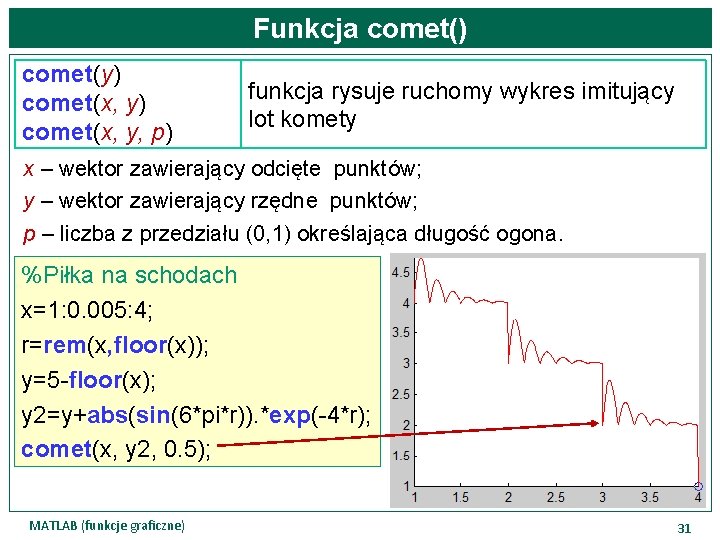 Funkcja comet() comet(y) comet(x, y, p) funkcja rysuje ruchomy wykres imitujący lot komety x
