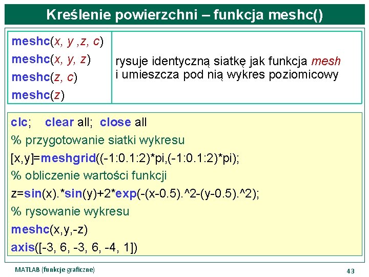 Kreślenie powierzchni – funkcja meshc() meshc(x, y , z, c) meshc(x, y, z) rysuje