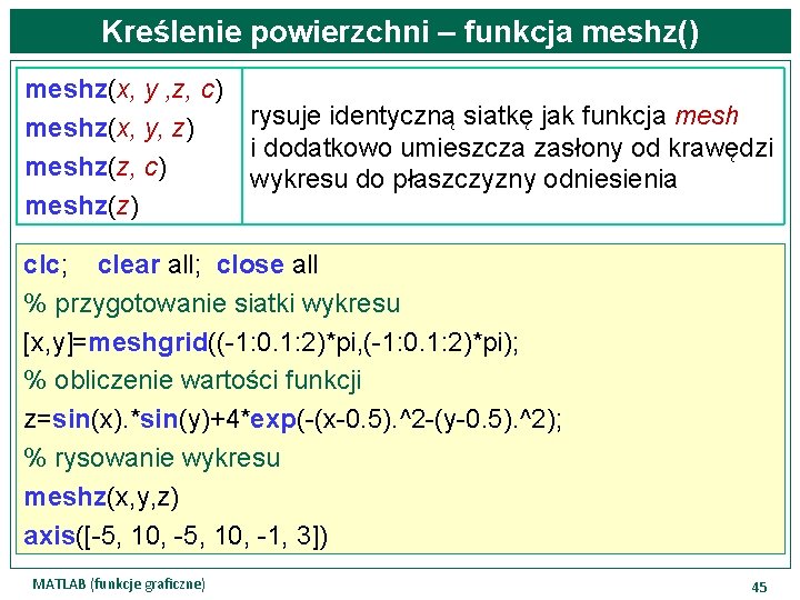 Kreślenie powierzchni – funkcja meshz() meshz(x, y , z, c) meshz(x, y, z) meshz(z,