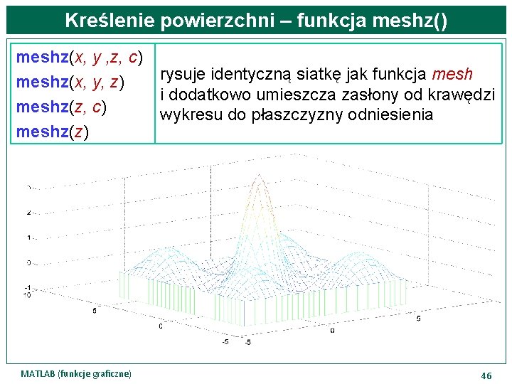 Kreślenie powierzchni – funkcja meshz() meshz(x, y , z, c) meshz(x, y, z) meshz(z,