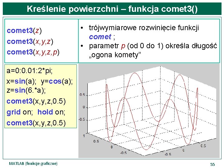 Kreślenie powierzchni – funkcja comet 3() comet 3(z) comet 3(x, y, z, p) •