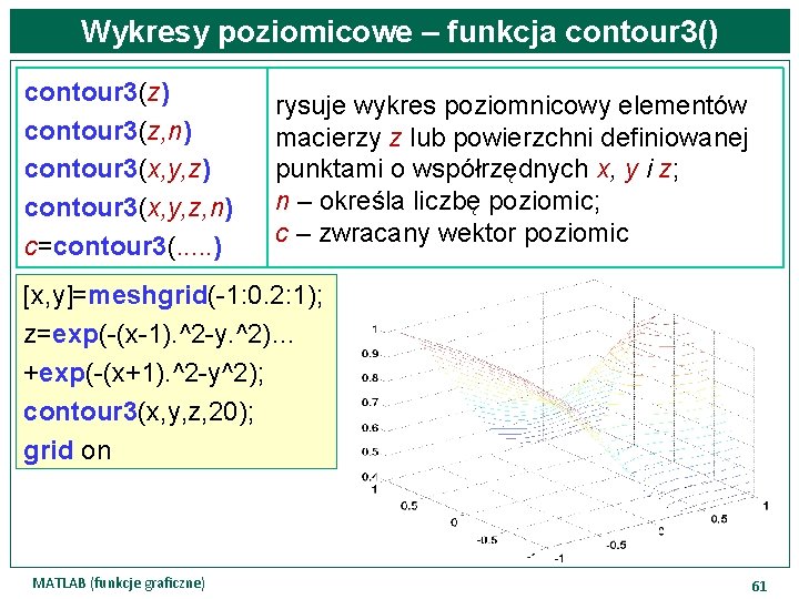 Wykresy poziomicowe – funkcja contour 3() contour 3(z, n) contour 3(x, y, z, n)