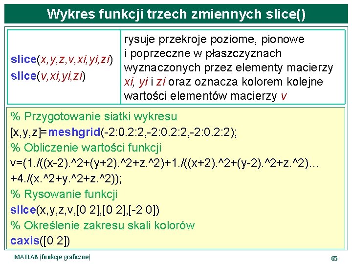 Wykres funkcji trzech zmiennych slice() rysuje przekroje poziome, pionowe slice(x, y, z, v, xi,