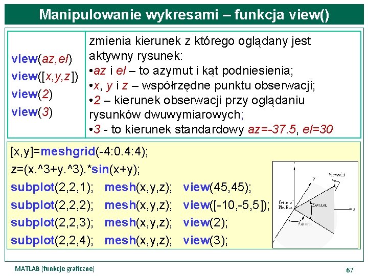 Manipulowanie wykresami – funkcja view() zmienia kierunek z którego oglądany jest view(az, el) aktywny