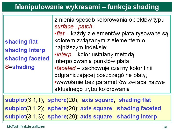 Manipulowanie wykresami – funkcja shading zmienia sposób kolorowania obiektów typu surface i patch: •