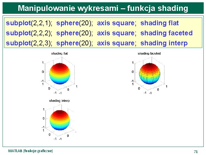 Manipulowanie wykresami – funkcja shading subplot(2, 2, 1); sphere(20); axis square; shading flat subplot(2,