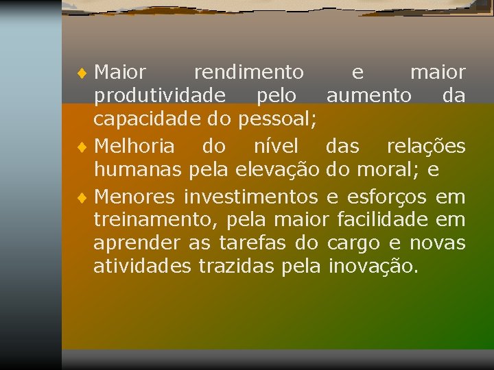 ¨ Maior rendimento e maior produtividade pelo aumento da capacidade do pessoal; ¨ Melhoria