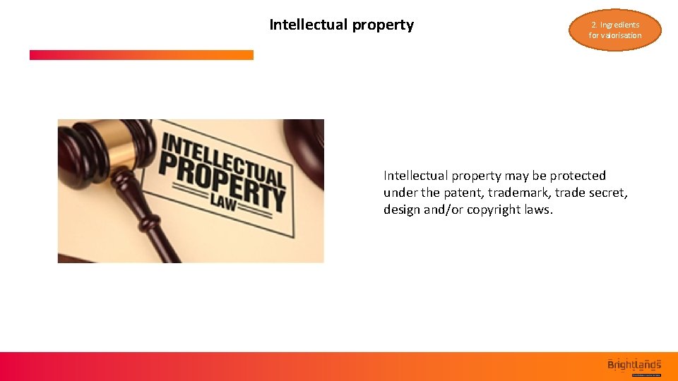Intellectual property 2. Ingredients for valorisation Intellectual property may be protected under the patent,