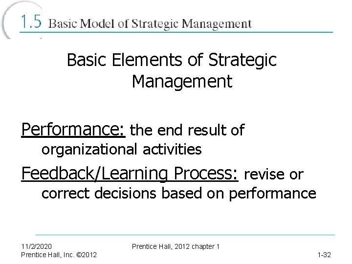 Basic Elements of Strategic Management Performance: the end result of organizational activities Feedback/Learning Process: