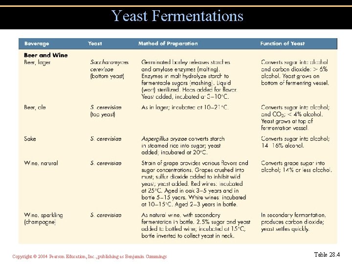 Yeast Fermentations Copyright © 2004 Pearson Education, Inc. , publishing as Benjamin Cummings Table