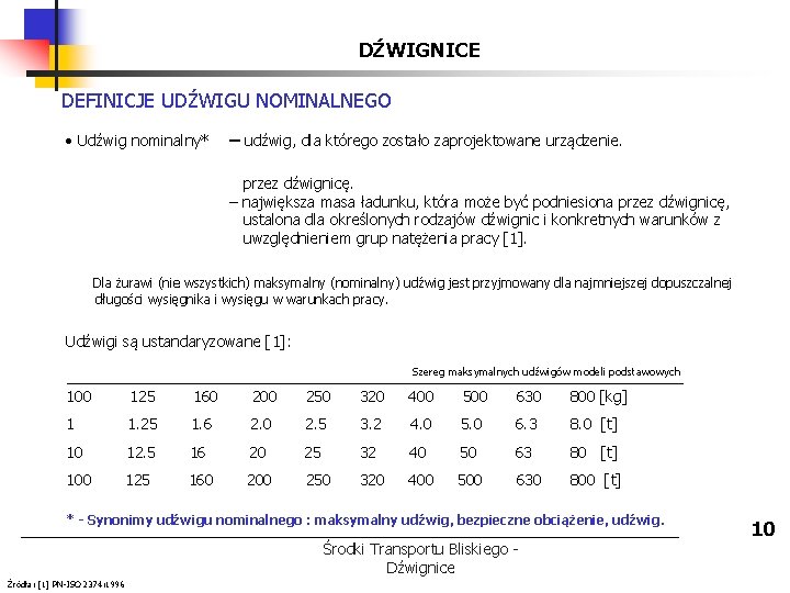 DŹWIGNICE DEFINICJE UDŹWIGU NOMINALNEGO • Udźwig nominalny* – udźwig, dla którego zostało zaprojektowane urządzenie.