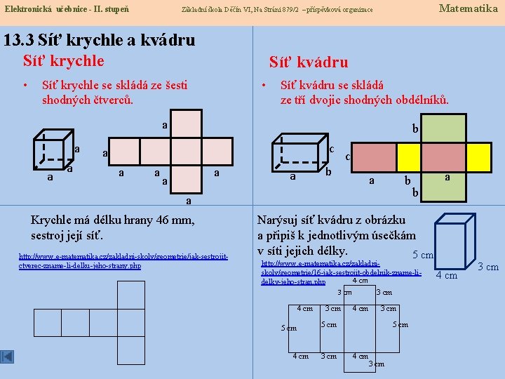 Elektronická učebnice - II. stupeň 13. 3 Síť krychle a kvádru Síť krychle •