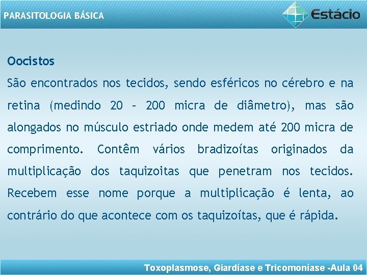 PARASITOLOGIA BÁSICA Oocistos São encontrados nos tecidos, sendo esféricos no cérebro e na retina