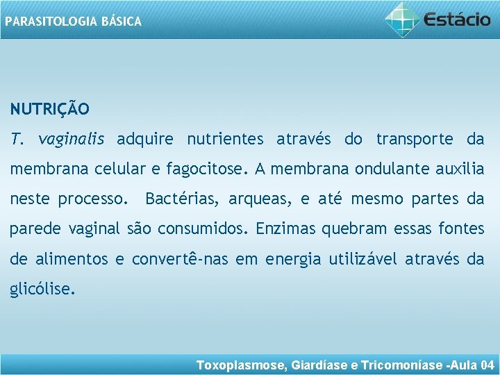 PARASITOLOGIA BÁSICA NUTRIÇÃO T. vaginalis adquire nutrientes através do transporte da membrana celular e