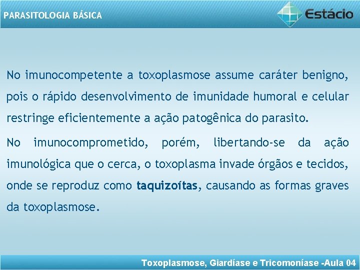 PARASITOLOGIA BÁSICA No imunocompetente a toxoplasmose assume caráter benigno, pois o rápido desenvolvimento de