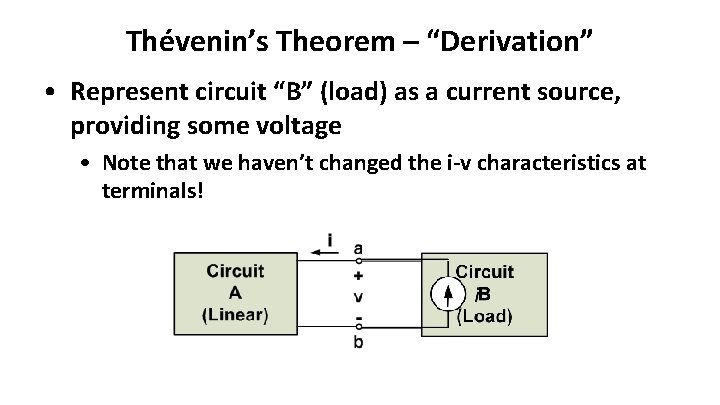 Thévenin’s Theorem – “Derivation” • Represent circuit “B” (load) as a current source, providing