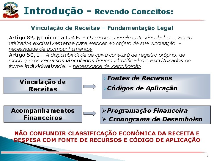 Introdução - Revendo Conceitos: X Vinculação de Receitas – Fundamentação Legal Artigo 8º, §