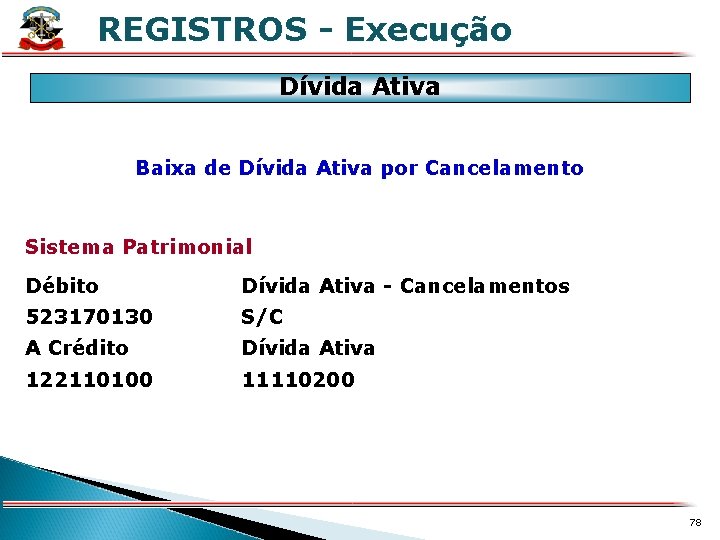 REGISTROS - Execução X Dívida Ativa Baixa de Dívida Ativa por Cancelamento Sistema Patrimonial