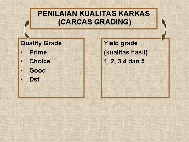 PENILAIAN KUALITAS KARKAS (CARCAS GRADING) Quality Grade • Prime • Choice • Good •