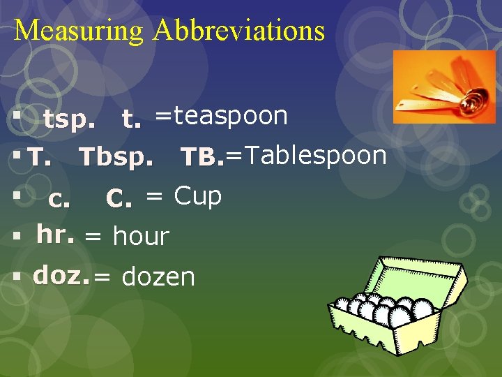 Measuring Abbreviations § tsp. t. =teaspoon § T. Tbsp. TB. =Tablespoon § c. C.