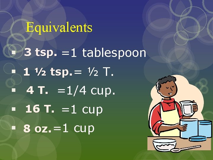 Equivalents § 3 tsp. =1 tablespoon § 1 ½ tsp. = ½ T. §