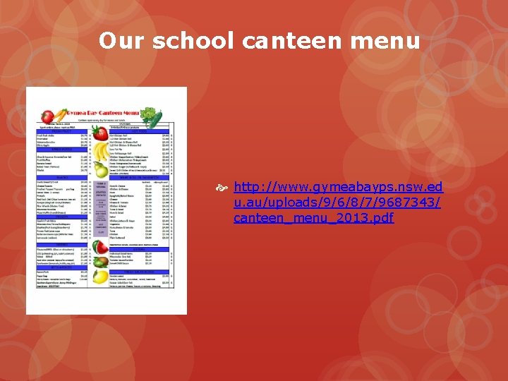 Our school canteen menu http: //www. gymeabayps. nsw. ed u. au/uploads/9/6/8/7/9687343/ canteen_menu_2013. pdf 