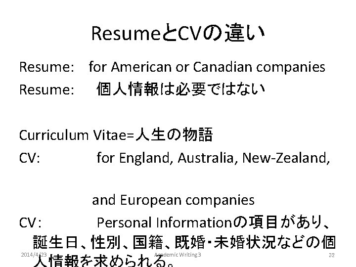 ResumeとCVの違い Resume: 　for American or Canadian companies Resume: 個人情報は必要ではない Curriculum Vitae=人生の物語 CV: 　　　　　for England,