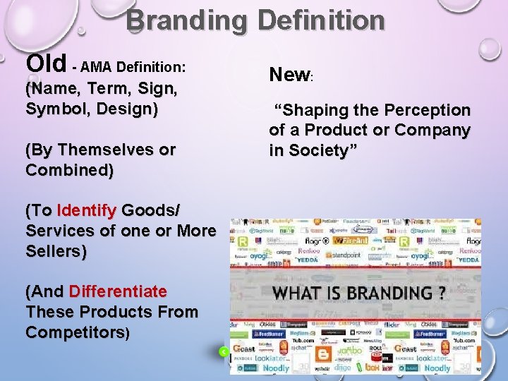 Branding Definition Old - AMA Definition: (Name, Term, Sign, Symbol, Design) (By Themselves or