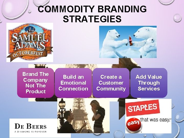 COMMODITY BRANDING STRATEGIES Brand The Company Not The Product Build an Emotional Connection Create