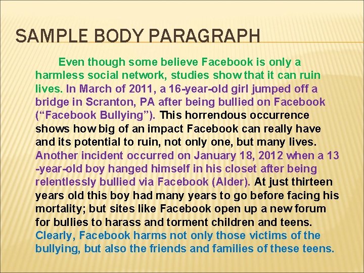 SAMPLE BODY PARAGRAPH Even though some believe Facebook is only a harmless social network,