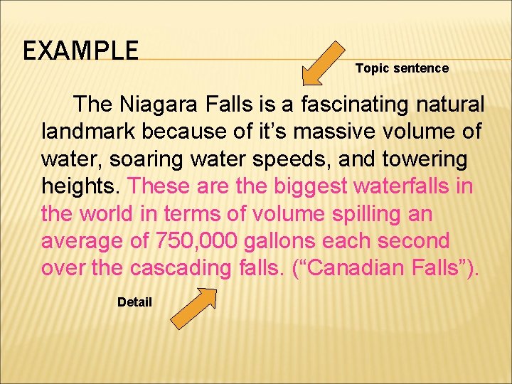 EXAMPLE Topic sentence The Niagara Falls is a fascinating natural landmark because of it’s EXAMPLE Topic sentence The Niagara Falls is a fascinating natural landmark because of it’s