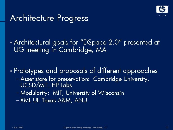 Architecture Progress • Architectural goals for “DSpace 2. 0” presented at UG meeting in