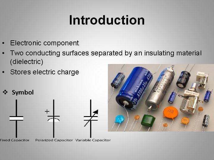 Introduction • Electronic component • Two conducting surfaces separated by an insulating material (dielectric)