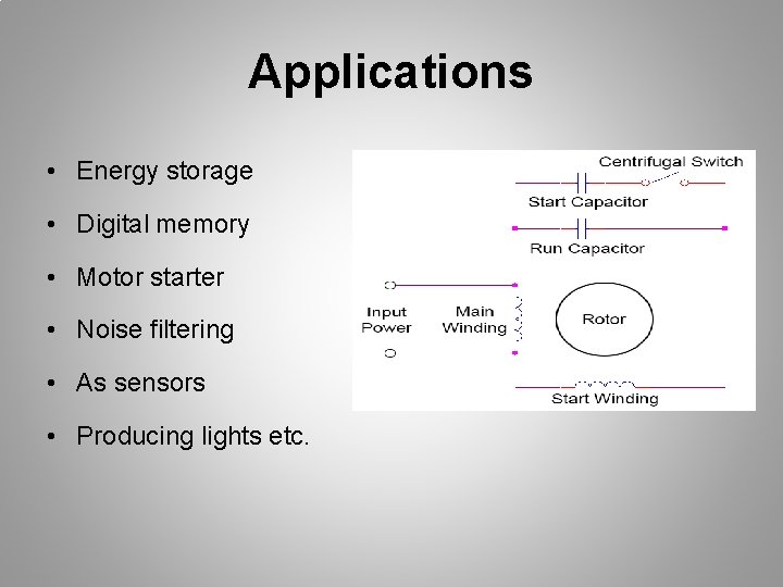 Applications • Energy storage • Digital memory • Motor starter • Noise filtering •