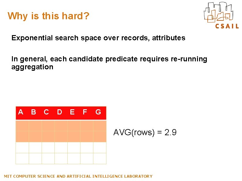 Why is this hard? Exponential search space over records, attributes In general, each candidate