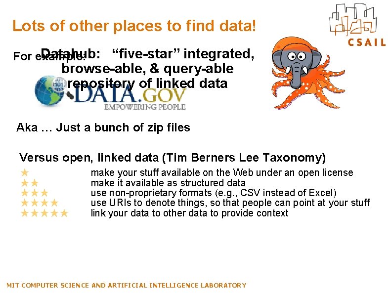 Lots of other places to find data! Datahub: “five-star” integrated, For example: browse-able, &