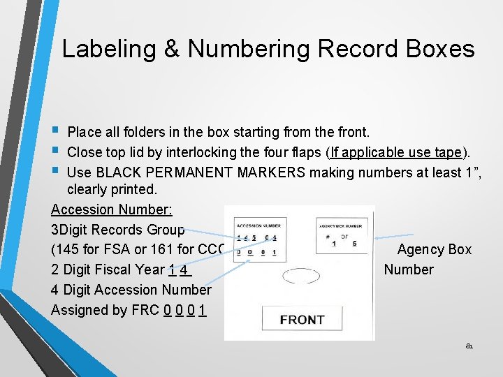 Labeling & Numbering Record Boxes § § § Place all folders in the box