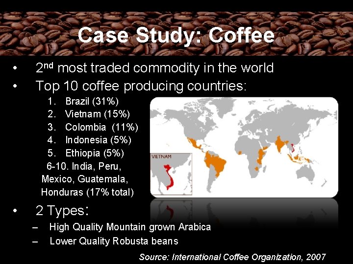 Case Study: Coffee • • 2 nd most traded commodity in the world Top