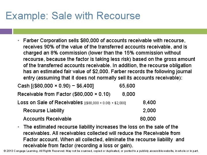 Example: Sale with Recourse • Farber Corporation sells $80, 000 of accounts receivable with